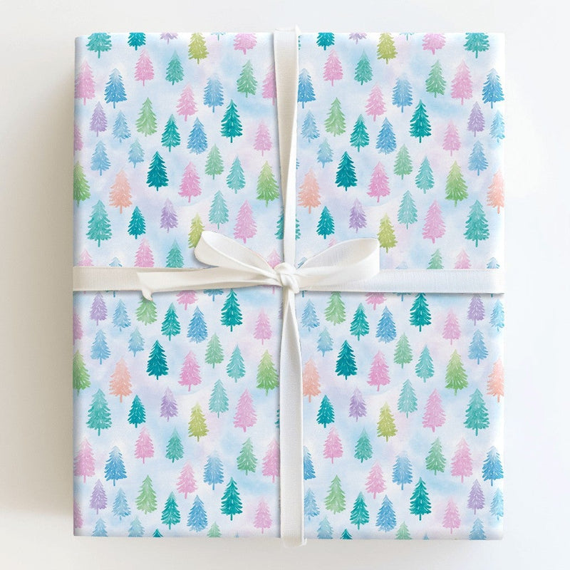 Watercolor Pine Tree Gift Wrap, Pastel Christmas Tree Wrapping Paper, Colorful Holiday Tree Wrapping Paper, Whimsical Winter Gift Wrap Roll