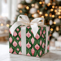 Retro Bauble Christmas Wrapping Paper, Pink Vintage Ornaments Wrapping Paper, Dark Green Holiday Gift Wrap, Watercolor Xmas Paper, Present Roll