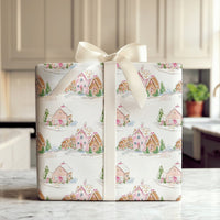 Watercolor Christmas Village Wrapping Paper, Pink Gingerbread House Gift Wrap, Sweet Holiday Village Gift Wrapping Paper, Adorable Present Wrap