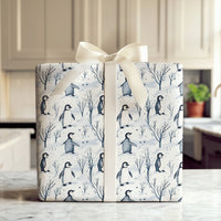 Adorable Winter Holiday Wrapping Paper, Watercolor Penguin Wrapping Paper, Christmas Penguin Gift Wrap, Festive Snowy Tree Wrapping Paper Roll