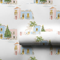 Tropical Village Wrapping Paper, Coastal Christmas Wrapping Paper, Watercolor Beach House Gift Wrap, Pastel Coastal Town Wrapping Paper