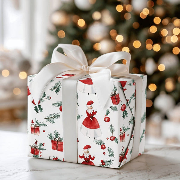 Vintage Christmas Gift Wrap, Mrs Claus Wrapping Paper, Watercolor Holiday Wrapping Paper, Retro Mrs Claus Gift Wrap, Xmas Pre