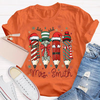 Adorable Pencil Holiday T-Shirt, Personalized Teacher Christmas Shirt, Custom Teacher Tee, Festive School Graphic Shirt, Holiday Teacher Present