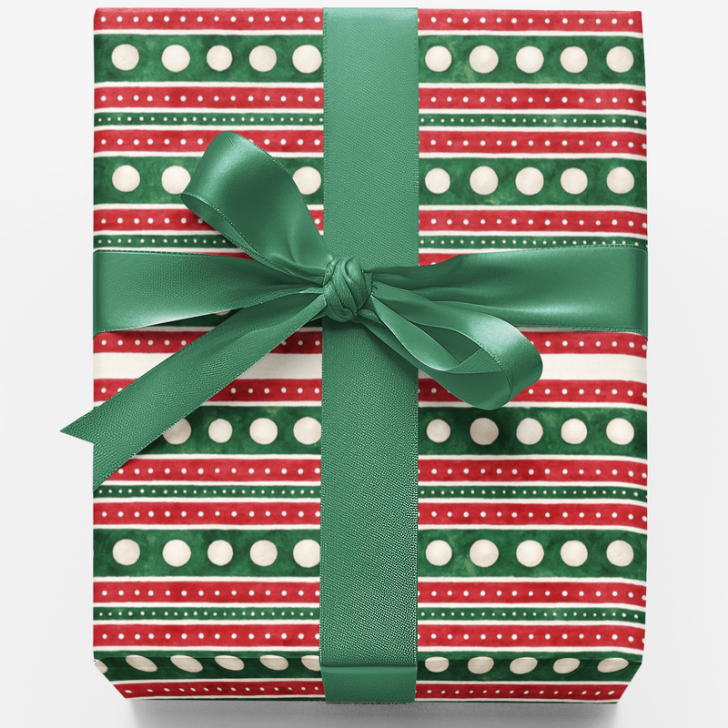 Red Green Striped Gift Wrap, Peppermint Polka Dot Wrapping Paper, Holiday Present Paper Roll, Christmas Wrapping Paper, Festive Gift Wrap