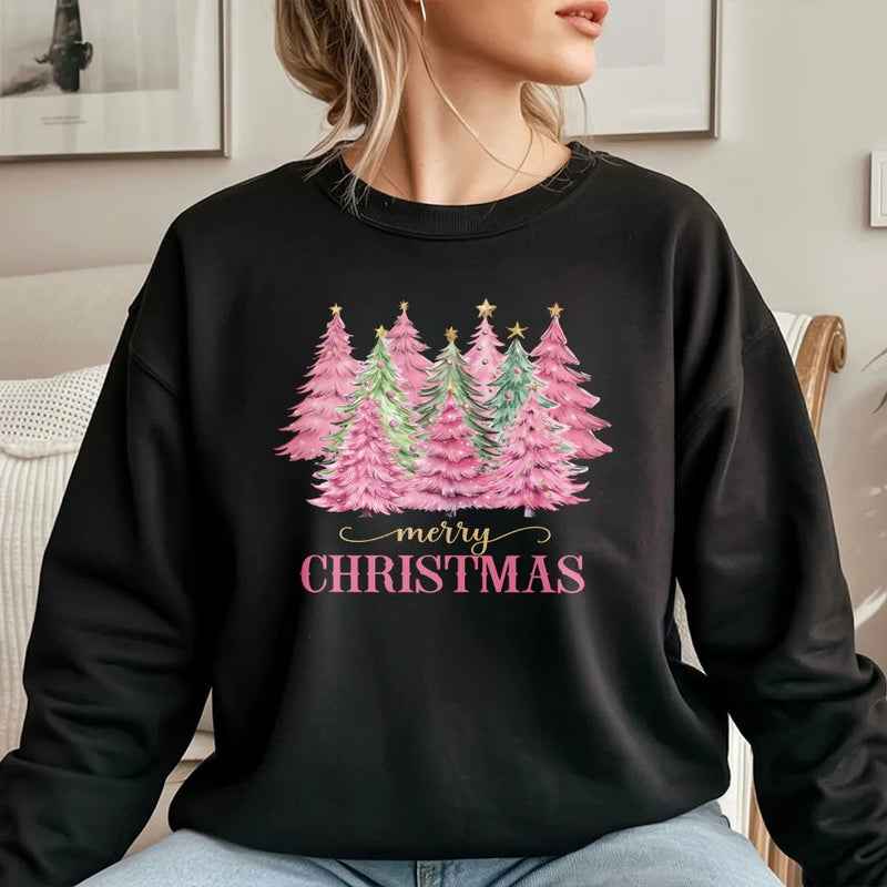Aesthetic Holiday Graphic Sweater, Pink Christmas Tree Sweatshirt, Pastel Winter Tree Crewneck Sweatshirt, Adorable Xmas Sweatshirt