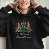 Coquette Bow Holiday Hoodie, Leopard Print Christmas Tree Hoodie, Adorable Xmas Tree Graphic Hoodie, Trendy Winter Sweatshirt, Present for Her