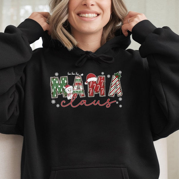 Festive Mama Claus Holiday Hoodie, Mama Claus Christmas Hoodie, Adorable Mama Claus Santa Hat Pullover, Matching Family Xmas 
