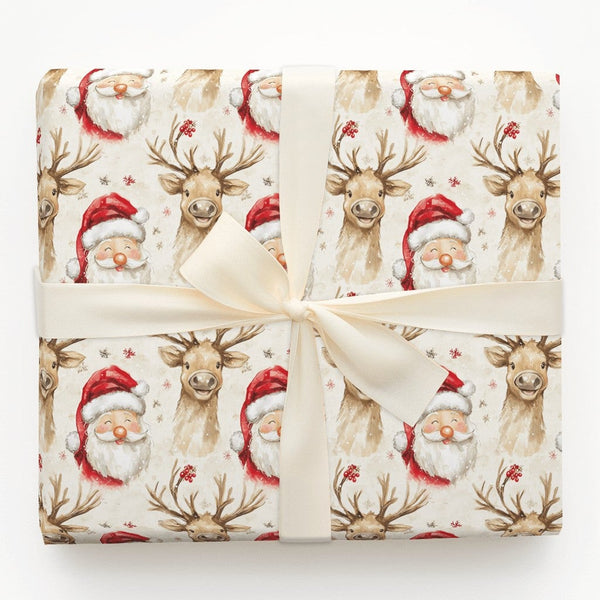 Adorable Christmas Gift Wrap, Watercolor Santa and Reindeer Wrapping Paper, Holiday Snowflake Wrapping Paper, Festive Winter 