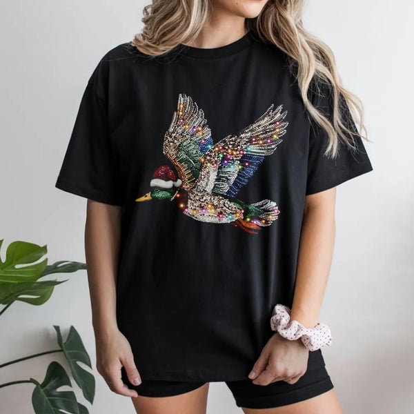 Sparkling Rhinestone Duck Shirt, Mallard Duck Christmas T-Shirt, Festive Hunter T-Shirt, Holiday Wildlife Graphic Tee, Xmas P