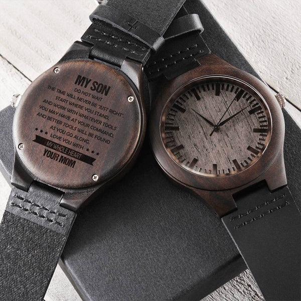 Sandalwood Leather Strap Watch, Mom to Son Engraved Wooden Watch, Japanese Quartz Timepiece, Son Birthday Christmas Keepsake 
