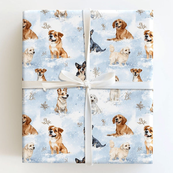 Snowy Winter Puppy Gift Wrap, Watercolor Dog Wrapping Paper, Light Blue Pet Lover Wrapping Paper, Holiday Christmas Dog Wrapp