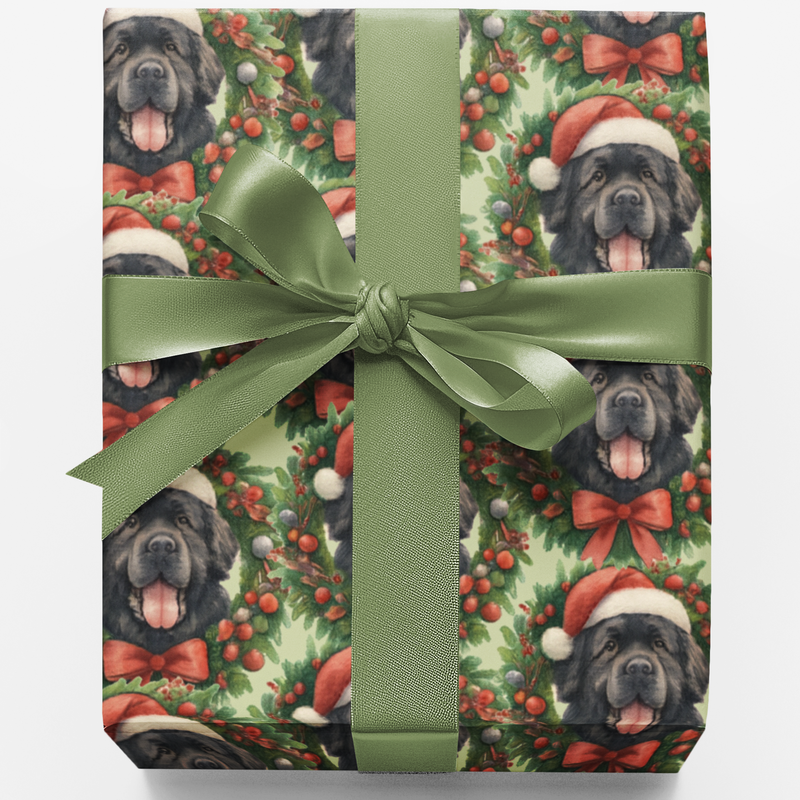 Festive Winter Woodland Gift Wrap, Newfoundland Dog Christmas Wrapping Paper, Holiday Dog Wrapping Paper, Pet Lover Christmas Gift Wrap