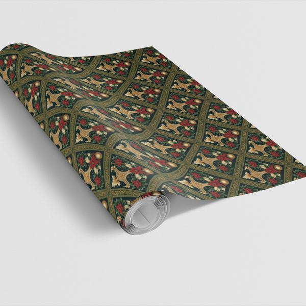 Red Poinsettia Holiday Gift Wrap Roll, Regal Gold Emblem Christmas Wrapping Paper, Vintage Green Floral Present Paper