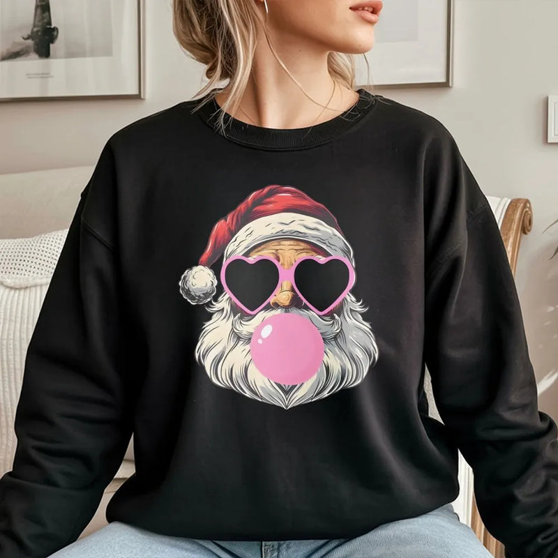 Bubble Gum Santa Sweater, Cool Santa Sweatshirt, Heart Sunglasses Santa Crewneck Sweatshirt, Retro Christmas Santa Holiday Pullover