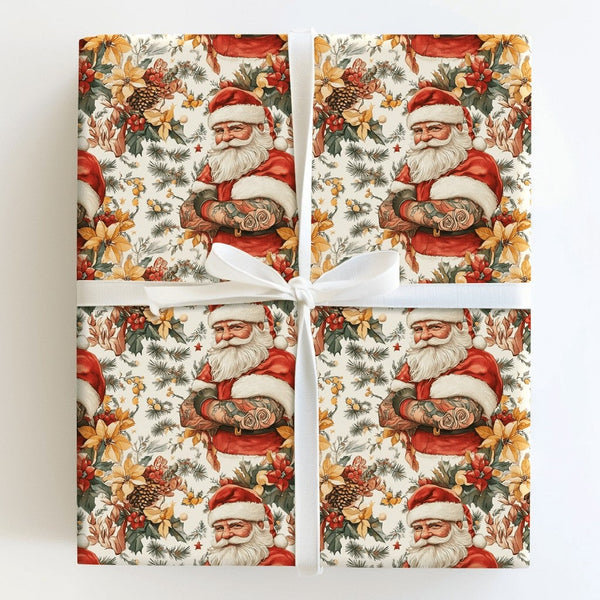 Vintage Floral Santa Gift Wrap, Tattooed Santa Wrapping Paper, Floral Christmas Wrapping Paper, Edgy Holiday Gift Wrap, Retro