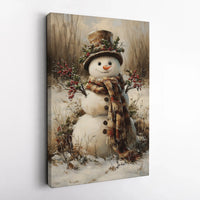 Vintage Winter Holiday Painting Print, Rustic Snowman Canvas Wall Art, Snowy Farmhouse Christmas Wall Decor, Seasonal Digital Download