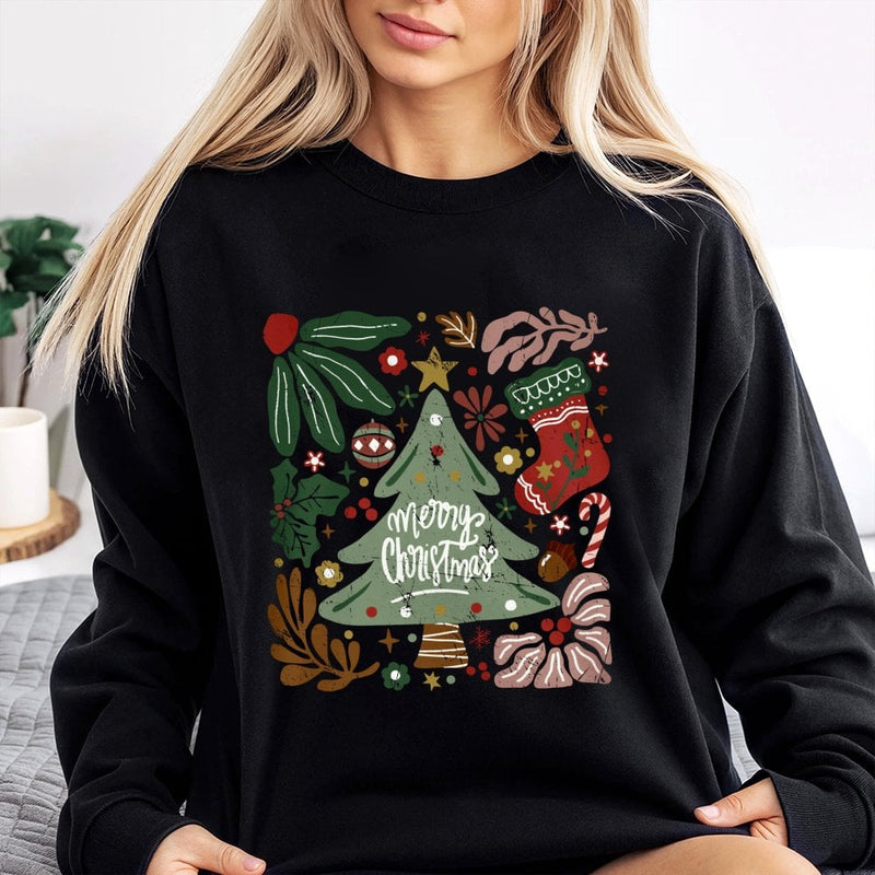 Retro Botanical Floral Tree Crewneck, Merry Christmas Floral Sweatshirt, Vintage Floral Holiday Pullover, Festive Winter Graphic Sweater