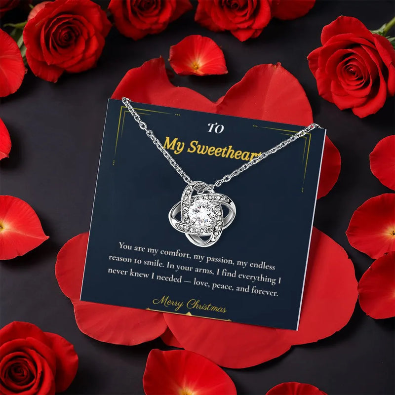 Sparkling CZ Crystal Pendant, Love Knot Necklace for Wife, White or Yellow Gold Finish Jewelry, Romantic Christmas Sweetheart Present