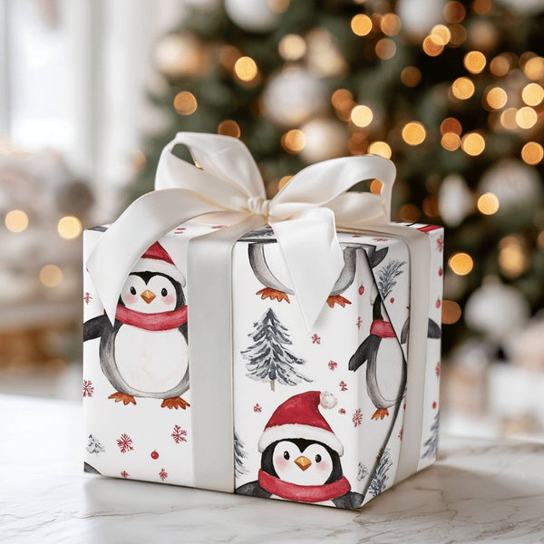 Santa Hat Holiday Gift Wrap, Watercolor Penguin Christmas Wrapping Paper, Winter Penguin Wrapping Paper, Snowy Tree Gift Wrap