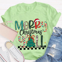 Colorful Christmas Tree Typography Tee, Merry Christmas Y'all Shirt, Southern Holiday Graphic T-Shirt, Family Xmas Apparel Present