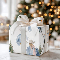 Western Holiday Gift Wrap, Cowboy with Christmas Tree Wrapping Paper, Watercolor Rustic Christmas Wrapping Paper, Country Gift Wrap Roll