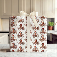 Santa Hat Sea Life Gift Wrap, Coastal Christmas Octopus Wrapping Paper, Nautical Holiday Present Paper, Whimsical Ocean Xmas Wrapping Paper