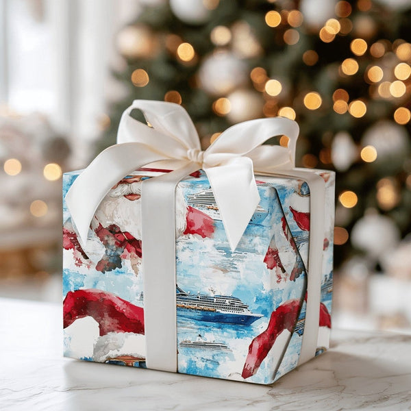 Christmas Cruise Gift Wrap, Tropical Santa Wrapping Paper, Beach Holiday Wrapping Paper, Watercolor Sunglasses Santa Paper Ro