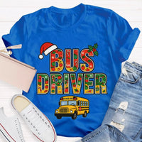 Santa Hat Bus Driver Graphic Tee, School Bus Driver Christmas T-Shirt, Humorous Holiday Driver Shirt, Transportation Staff Xmas Present
