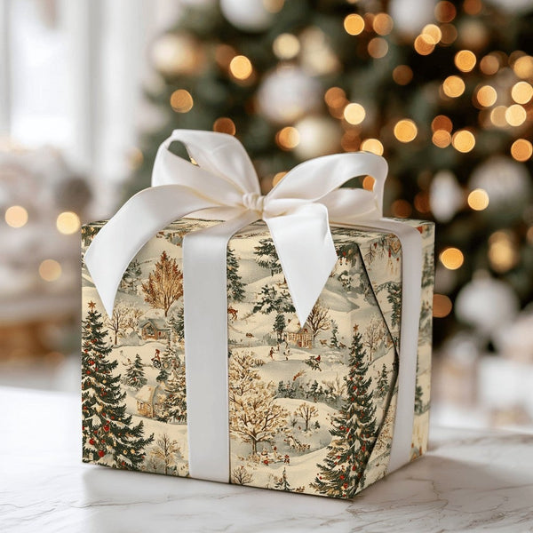 Snowy Christmas Cabin Gift Wrap, Vintage Winter Village Wrapping Paper, Nostalgic Holiday Scene Wrapping Paper, Seasonal Pres