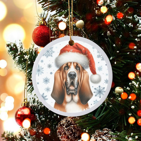 Santa Hat Dog Ceramic Ornament, Basset Hound Christmas Ornament, Adorable Puppy Holiday Ornament, Xmas Tree Pet Decor, Dog Lo