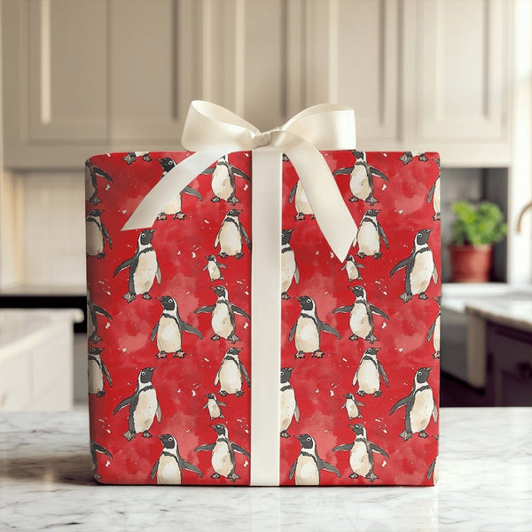 Red Snowy Holiday Gift Wrap, Watercolor Penguin Christmas Wrapping Paper, Adorable Winter Animal Wrapping Paper, Festive Birt