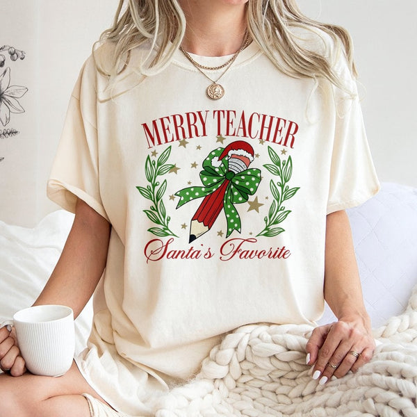 Santas Favorite Pencil Graphic Tee, Merry Teacher T-Shirt, Adorable Holiday Educator Shirt, School Christmas Party Graphic T-
