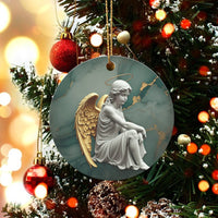 Gold Wing Halo Marble Ornament, Sitting Angel Ceramic Ornament, Religious Christmas Tree Decor, Christian Holiday Keepsake Present