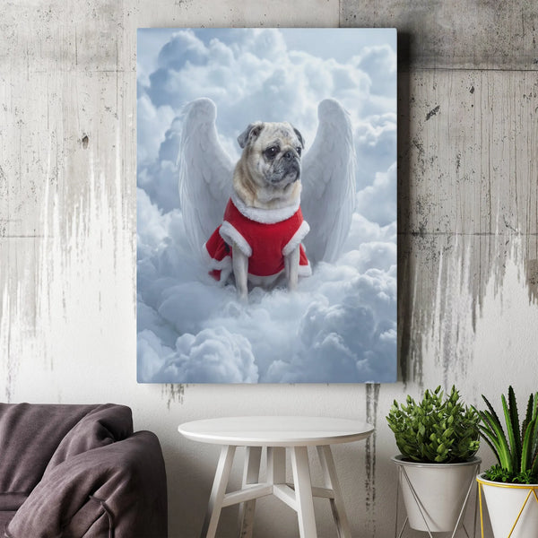 Pug with Wings on Clouds Canvas Print, Angel Pug Christmas Canvas Wall Art, Holiday Dog Canvas Painting, Festive Pet Lover Pr