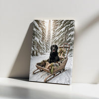 Snowy Forest Dog Portrait Print, Black Lab Winter Sled Canvas, Rustic Holiday Wall Canvas, Christmas Labrador Canvas Art, Dog Lover Present