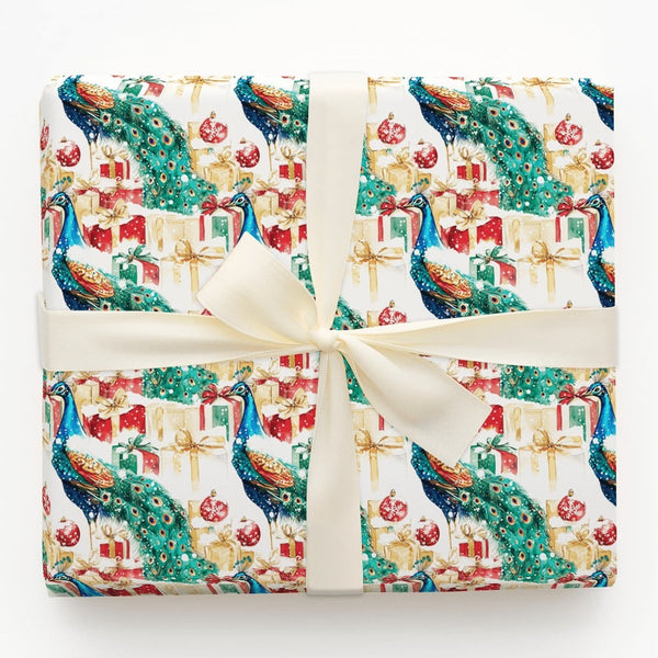 Watercolor Holiday Bird Gift Wrap, Christmas Peacock Wrapping Paper, Elegant Festive Present Paper, Botanical Xmas Gift Wrapp