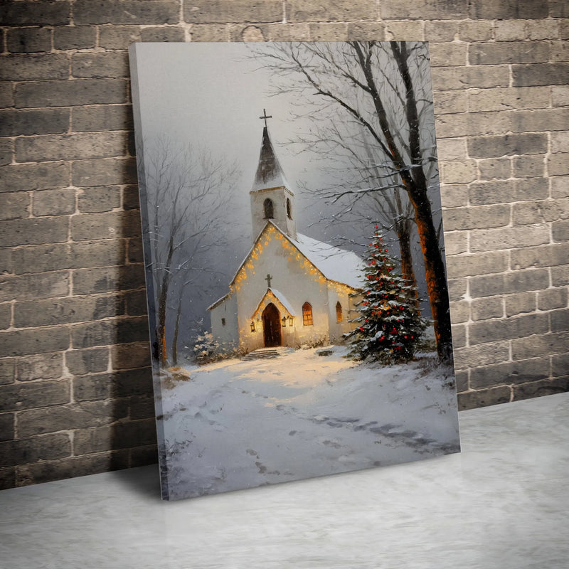 Snowy Christmas Chapel Canvas Print, Winter Church Canvas Wall Art, Glowing Winter Chapel Wall Art, Christmas Church Digital Download