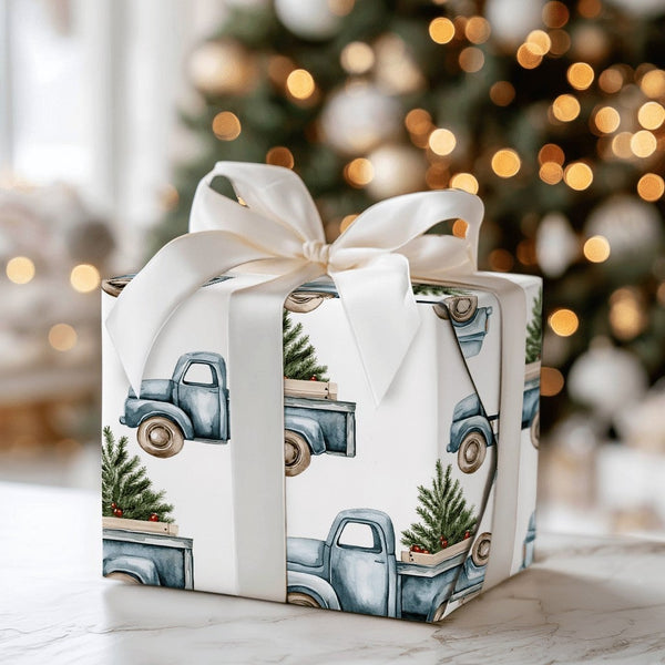 Farmhouse Christmas Truck Gift Wrap, Vintage Blue Truck Wrapping Paper, Rustic Tree Truck Wrapping Paper, Country Holiday Pre