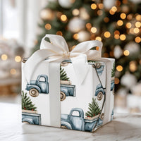 Farmhouse Christmas Truck Gift Wrap, Vintage Blue Truck Wrapping Paper, Rustic Tree Truck Wrapping Paper, Country Holiday Present Wrap