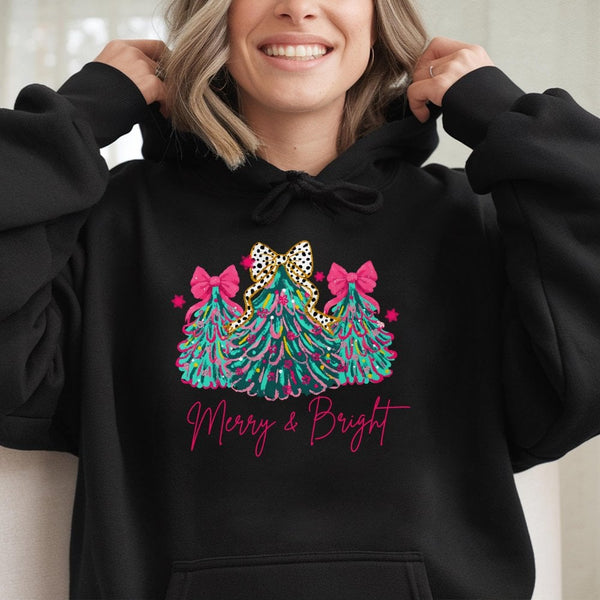 Adorable Tree with Pink Bows Graphic Sweatshirt, Merry & Bright Christmas Hoodie, Girly Holiday Pullover Hoodie, Festive Wint