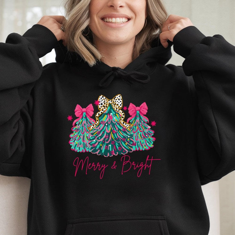 Adorable Tree with Pink Bows Graphic Sweatshirt, Merry & Bright Christmas Hoodie, Girly Holiday Pullover Hoodie, Festive Winter Hooded Sweater