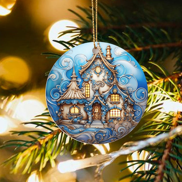 Blue and White Cottage Ornament, Whimsical Winter House Ornament, Comfy Cabin Ceramic Ornament, Holiday Tree Decor, Christmas