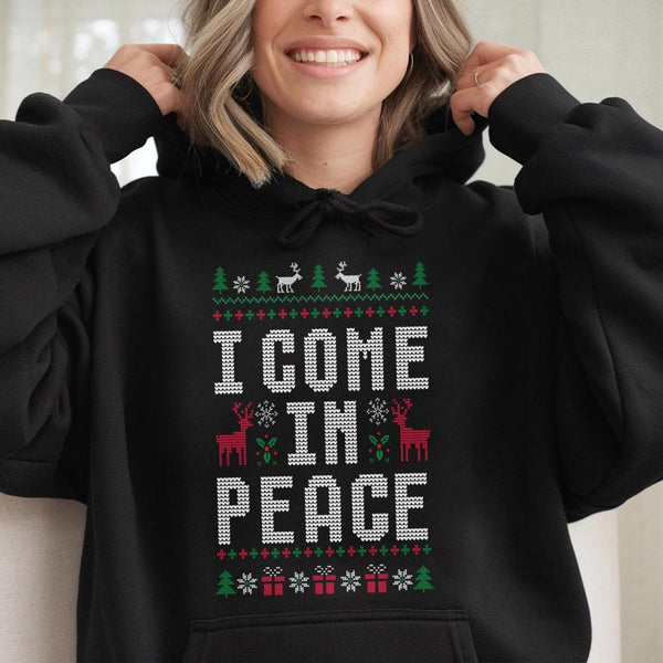 Ugly Christmas Sweater Hoodie, I Come in Peace Hoodie, Humorous Alien Xmas Graphic Sweatshirt, Retro Holiday Season Pullover,