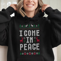 Ugly Christmas Sweater Hoodie, I Come in Peace Hoodie, Humorous Alien Xmas Graphic Sweatshirt, Retro Holiday Season Pullover, Unisex Xmas Present