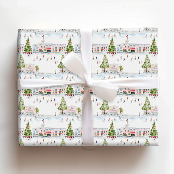 Watercolor Town Square Gift Wrap, Ice Skating Winter Village Wrapping Paper, Festive Christmas Wrapping Paper, Holiday Season