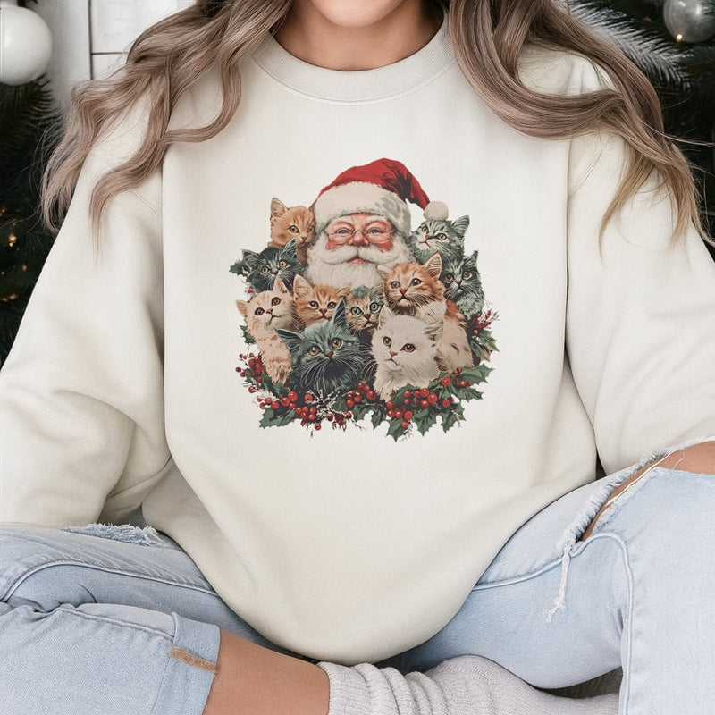 Adorable Christmas Cat Sweatshirt, Retro Santa Claus and Kittens Sweatshirt, Vintage Holiday Graphic Sweatshirt, Festive Cat Lover Crewneck Present