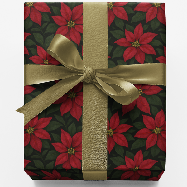 Floral Holiday Gift Wrap Roll, Poinsettia Christmas Wrapping Paper, Vintage Botanical Present Wrap, Winter Seasonal Wrapping 