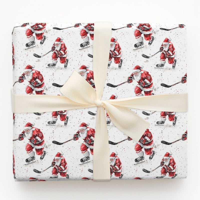 Watercolor Sports Gift Wrap Paper, Hockey Santa Christmas Wrapping Paper, Ice Hockey Holiday Wrapping Paper, Xmas Gift Wrap for Hockey Fans