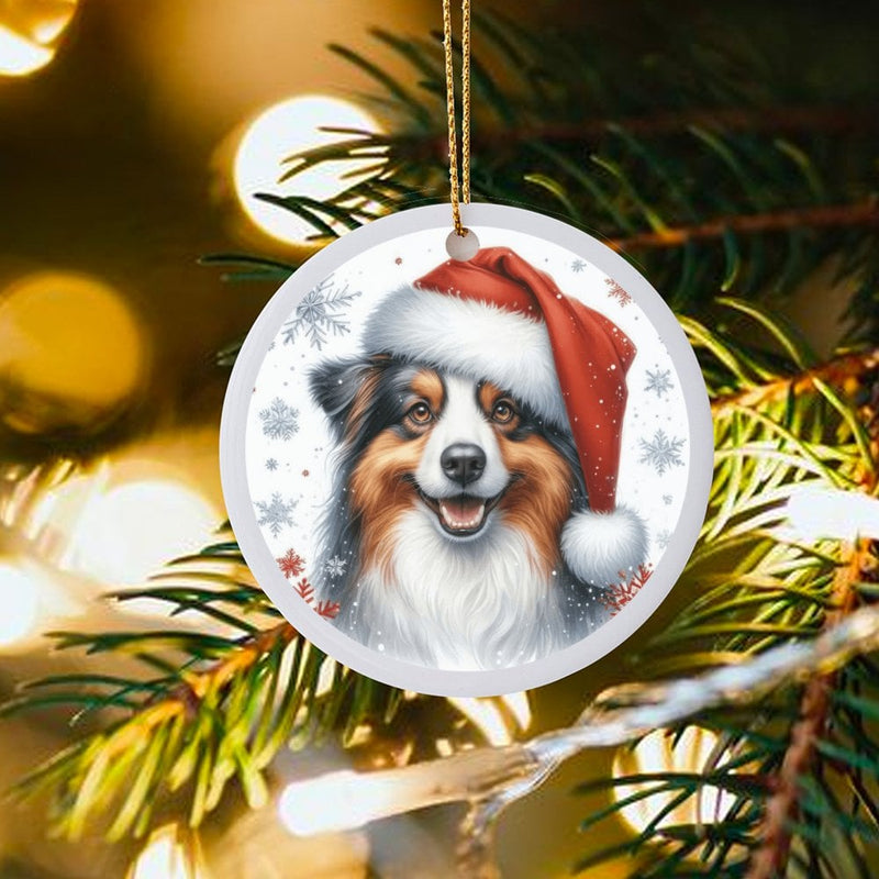 Santa Hat Aussie Dog Ornament, Australian Shepherd Christmas Ornament, Ceramic Australian Shepherd Ornament, Holiday Present for Aussie Lovers