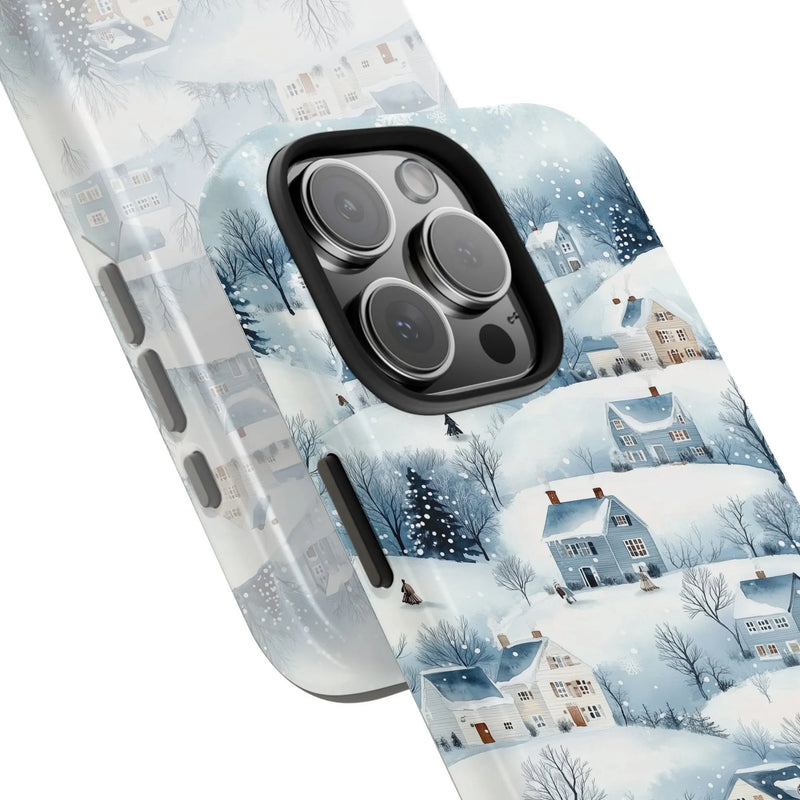 Snowy Christmas Town Cover, Watercolor Winter Village Phone Case, Dual Layer Tough Phone Case, Festive Holiday iPhone Case Present